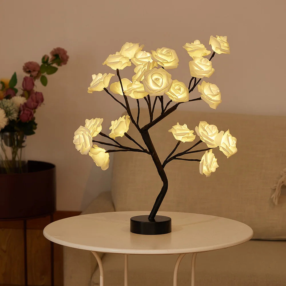 USB Battery Operated LED Table Lamp Rose Flower Bonsai Tree Night Lights Garland Bedroom Decoration Christmas Lights Home Decor