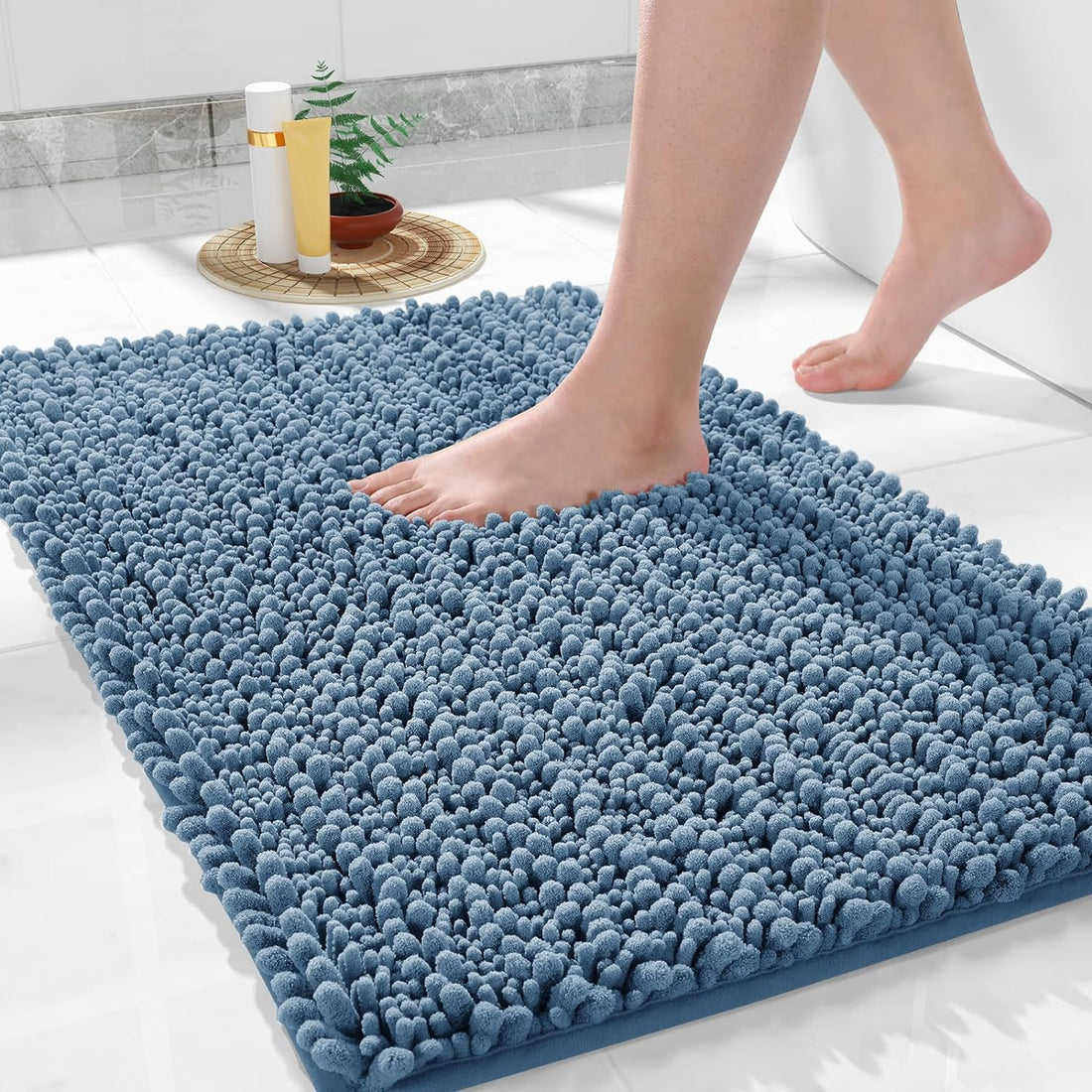 Yimobra Bathroom Rug Mat 24 X 17, Extra Soft Non Slip Absorbent Water Bath Rug, Quick Dry Machine Washable Chenille Shaggy Shower Mat, Bath Mat for Bathroom Floor, Home Decor Accessories, Denim Blue