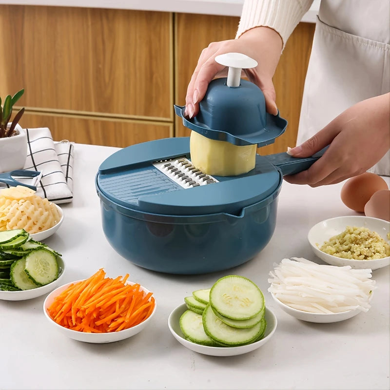 12-In-1 Multi-Functional Vegetable Chopper and Slicer - Perfect for Commercial Kitchens Cutting, Shredding, and Grating Carrots.